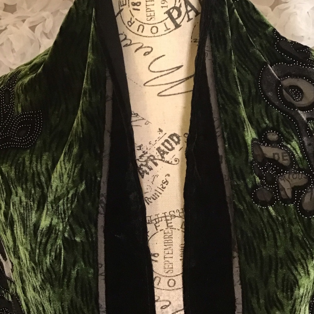 Fashion Scarf Burnout Velvet Green & Black Floral Details Scarf with Fringe - Picture 7 of 15